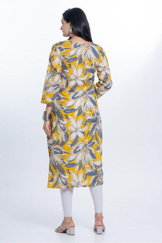 Ekisha women's cotton yellow bold printed floral printed straight kurta kurti - Ekisha