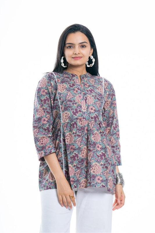 Ekisha's women green multicolor designer floral printed cotton tunic top short kurti - Ekisha