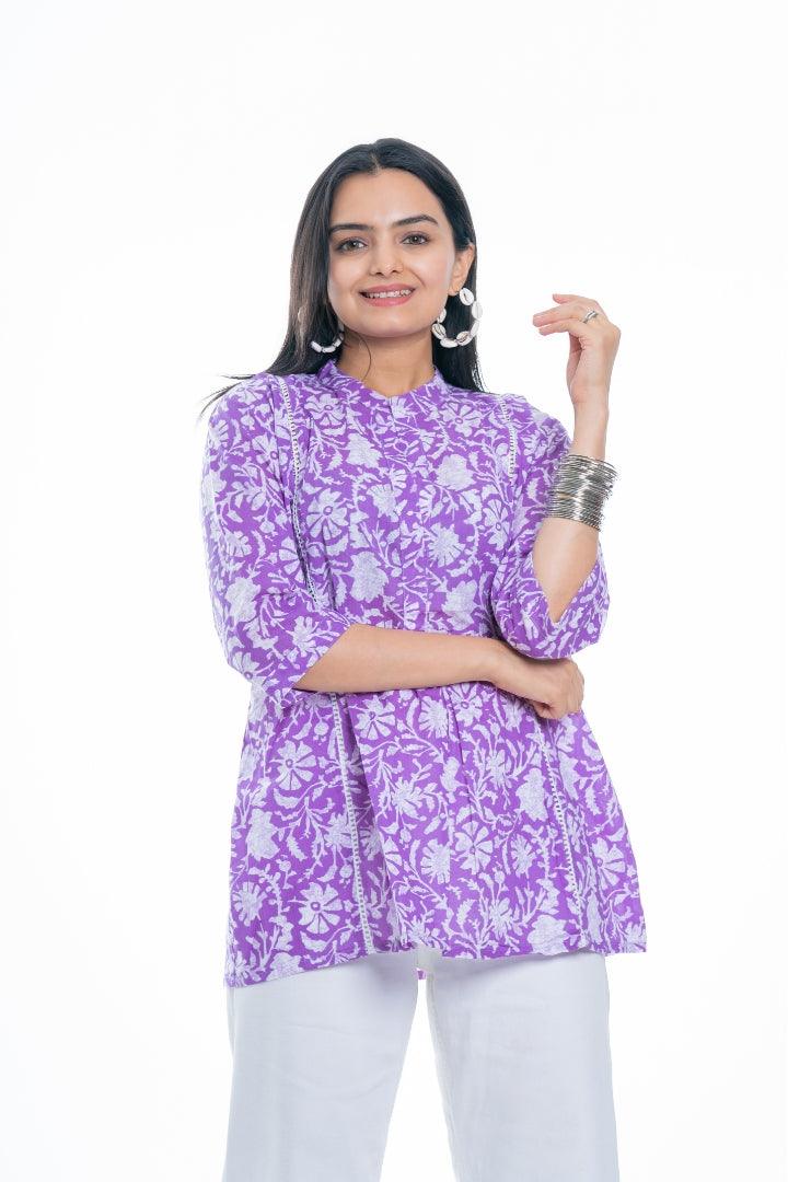 Ekisha's women purple designer floral printed cotton tunic top short kurti, front view 3