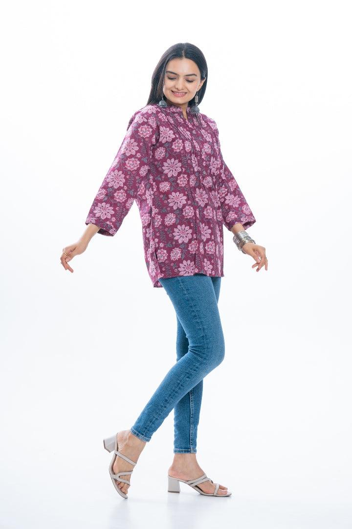 Ekisha's women pleated maroon multicolor printed cotton tunic top short kurti - Ekisha