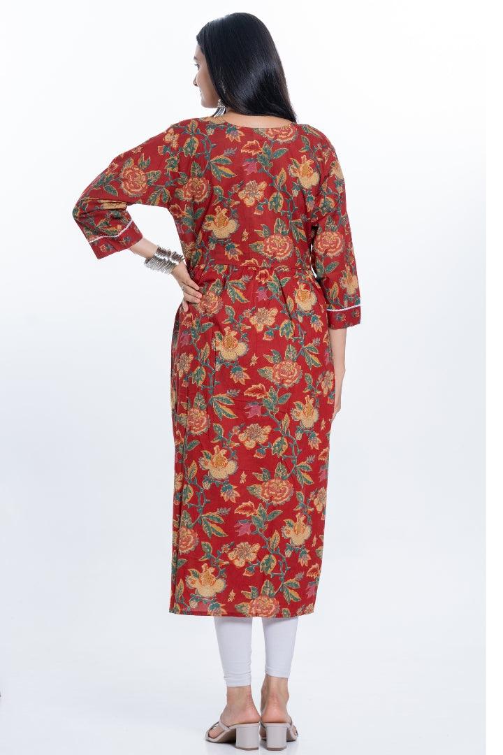 Ekisha women's Red designer printed multicolor floral printed straight kurta kurti - Ekisha