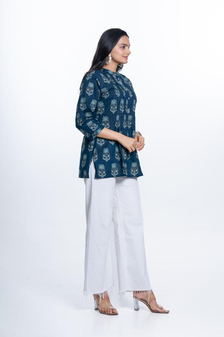 Ekisha's women pleated navy multicolor printed cotton tunic top short kurti - Ekisha