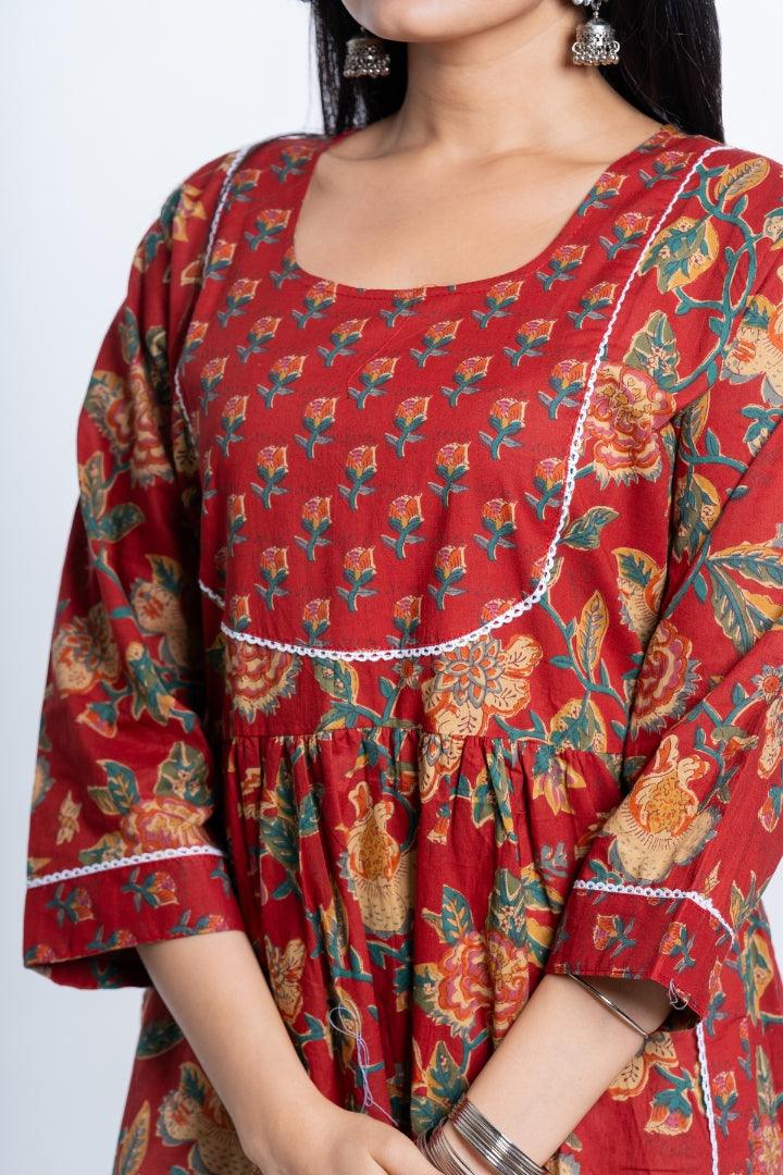 Ekisha women's Red designer printed multicolor floral printed straight kurta kurti - Ekisha