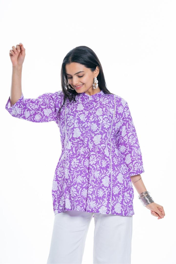 Ekisha's women purple designer floral printed cotton tunic top short kurti, front view 4
