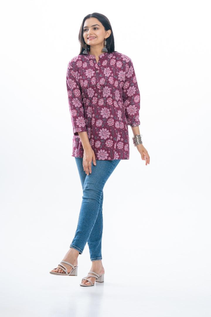 Ekisha's women pleated maroon multicolor printed cotton tunic top short kurti - Ekisha