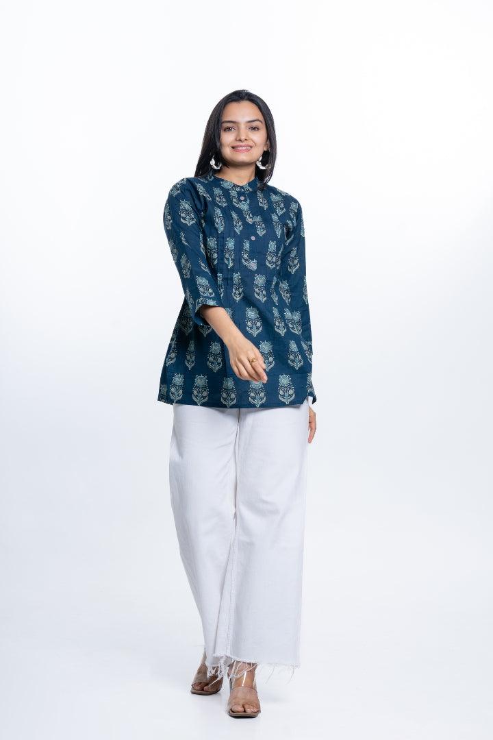 Ekisha's women pleated navy multicolor printed cotton tunic top short kurti - Ekisha