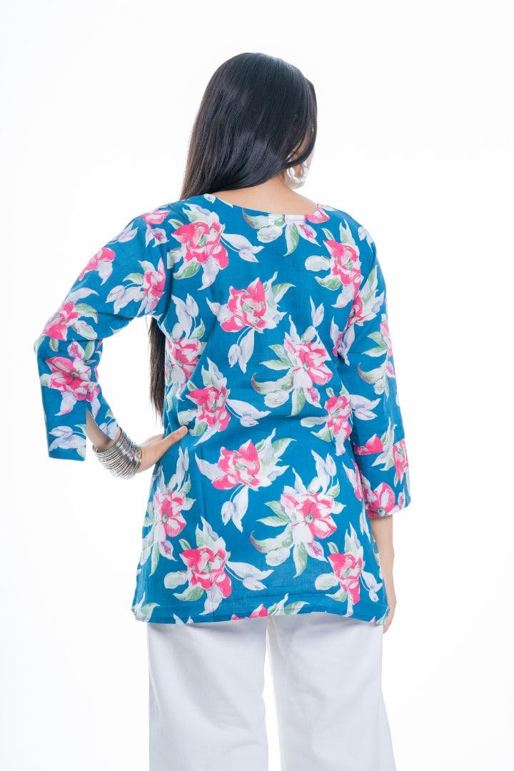 Ekisha's women everyday blue multicolor printed cotton tunic top short kurti - Ekisha