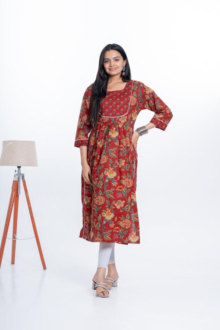 Ekisha women's Red designer printed multicolor floral printed straight kurta kurti - Ekisha