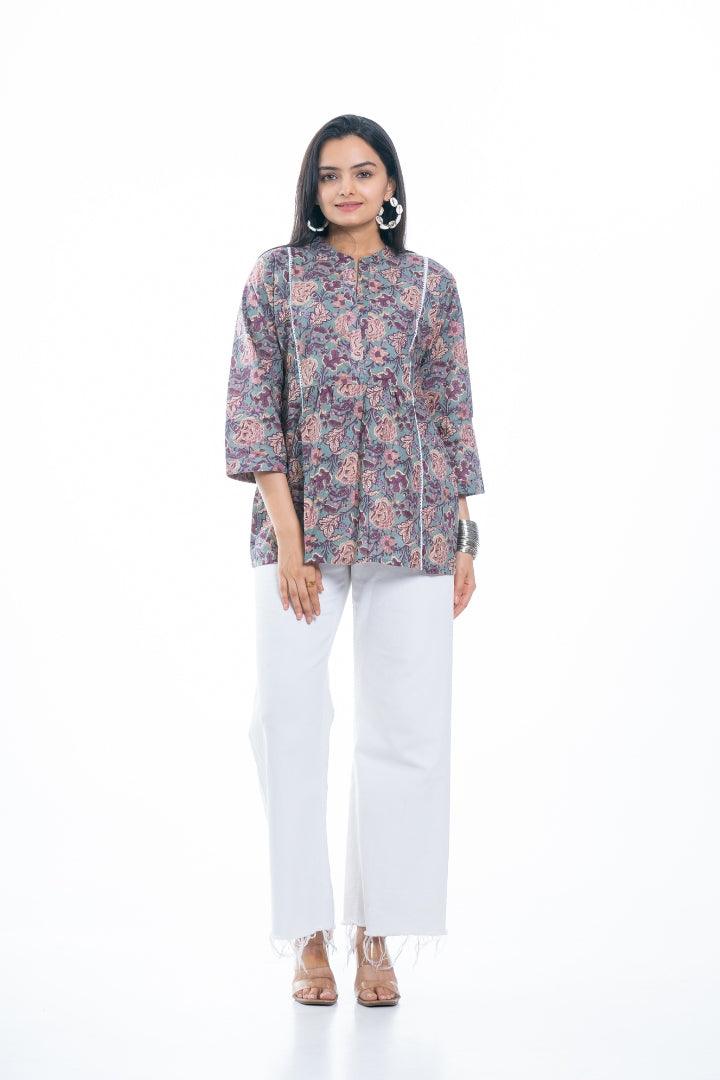 Ekisha's women green multicolor designer floral printed cotton tunic top short kurti - Ekisha