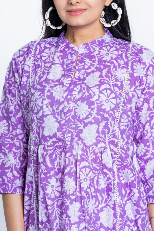 Ekisha's women purple designer floral printed cotton tunic top short kurti - Ekisha