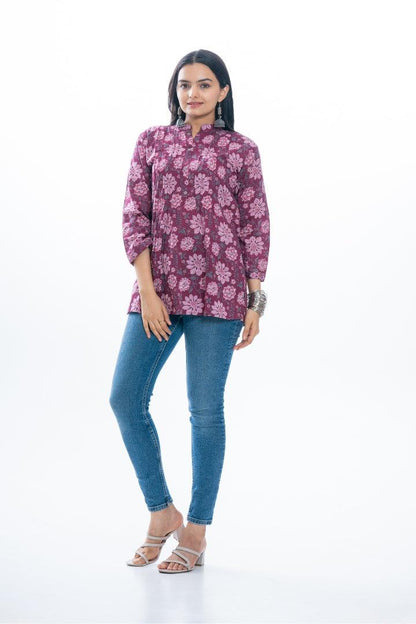 Ekisha's women pleated maroon multicolor printed cotton tunic top short kurti - Ekisha