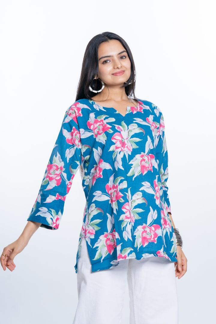 Ekisha's women everyday blue multicolor printed cotton tunic top short kurti - Ekisha