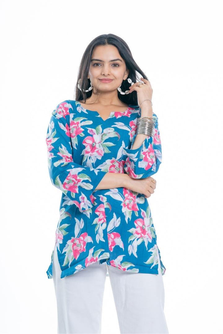 Ekisha's women everyday blue multicolor printed cotton tunic top short kurti - Ekisha