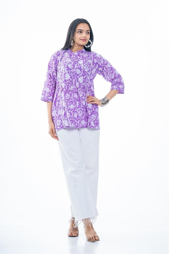 Ekisha's women purple designer floral printed cotton tunic top short kurti, front view 6