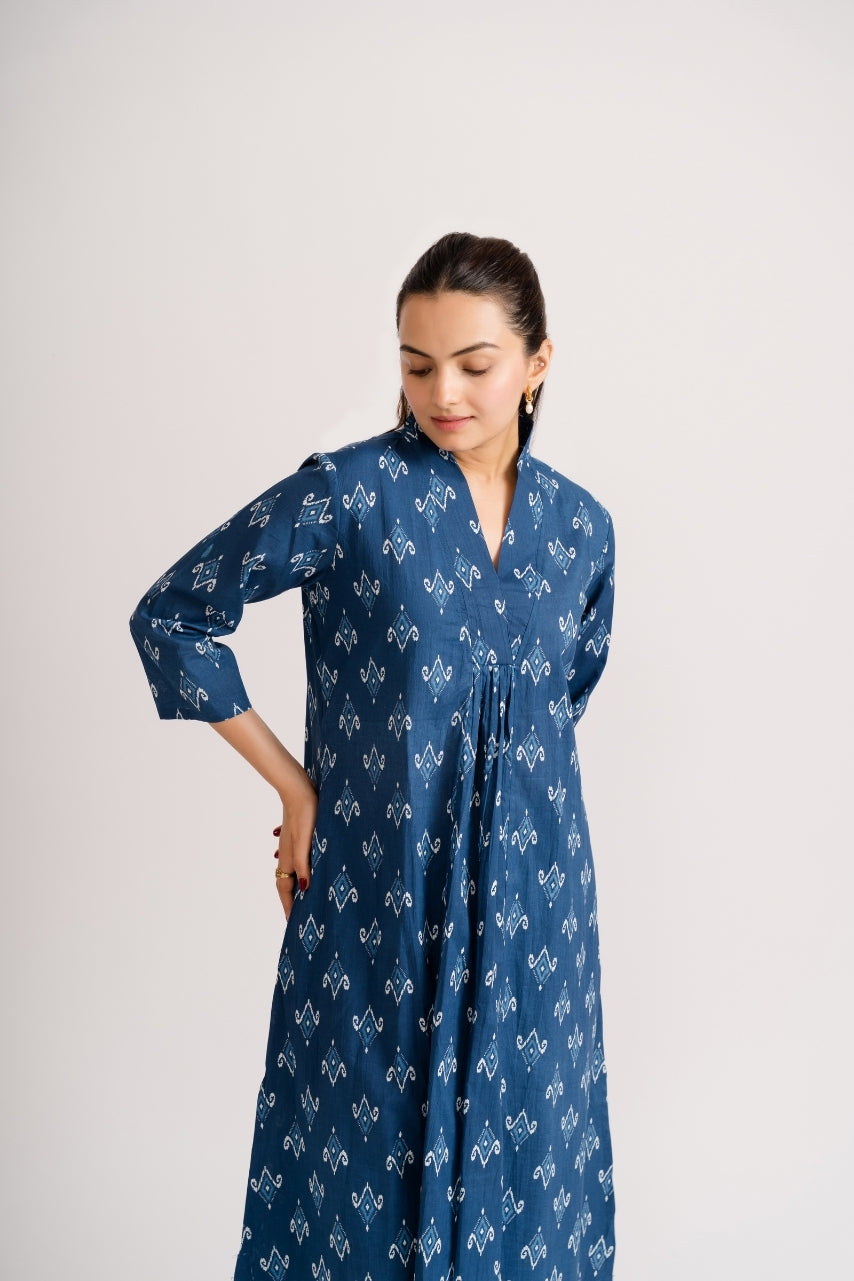 Ekisha women's indigo blue ikat print cotton kurti pant coord set – ethnic wear