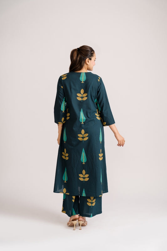 Teal and gold leaf cypress tree block print cotton co-ord set – Ekisha ethnic wear