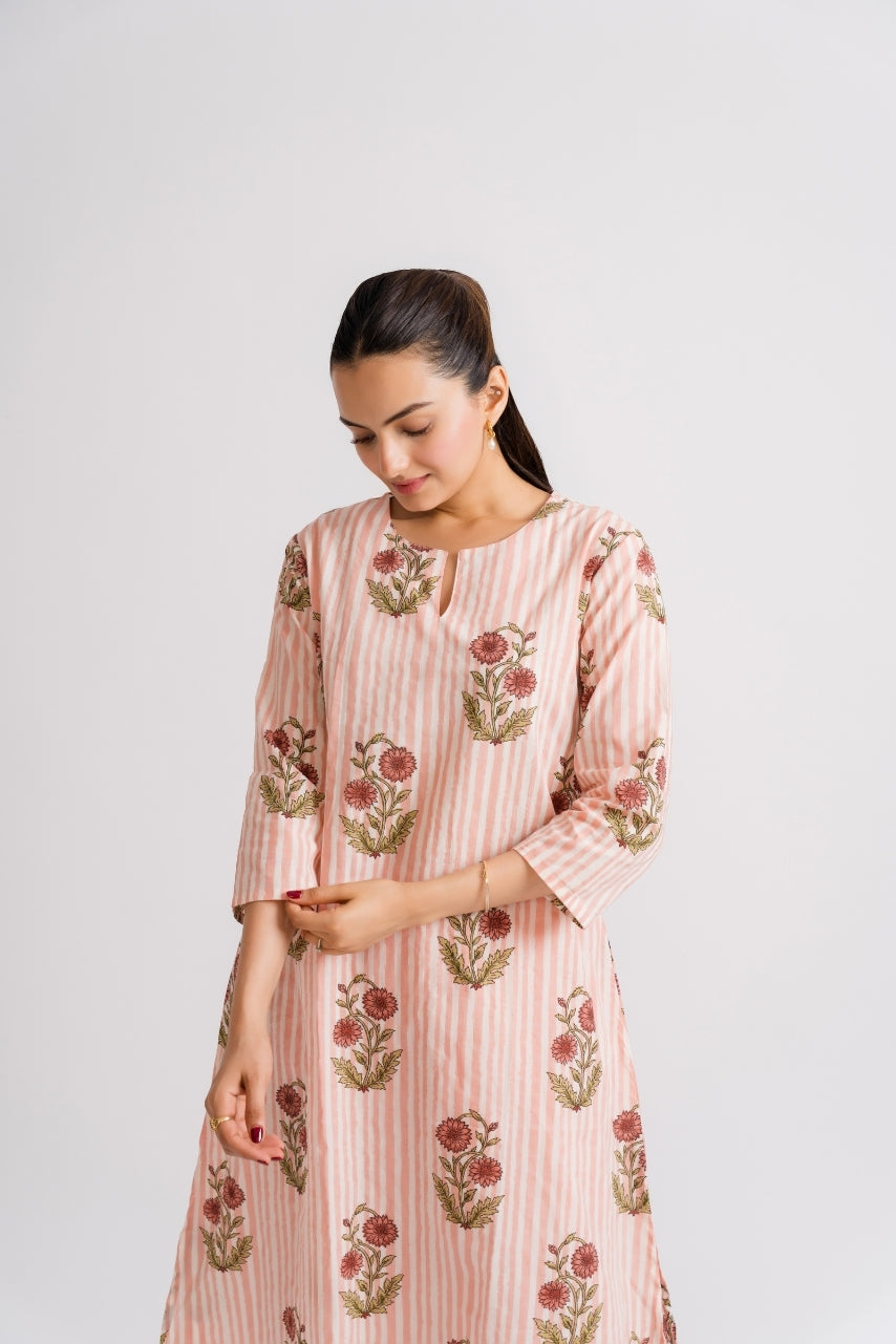 Peach white stripe and marigold floral buta block print cotton co-ord set – Ekisha ethnic wear