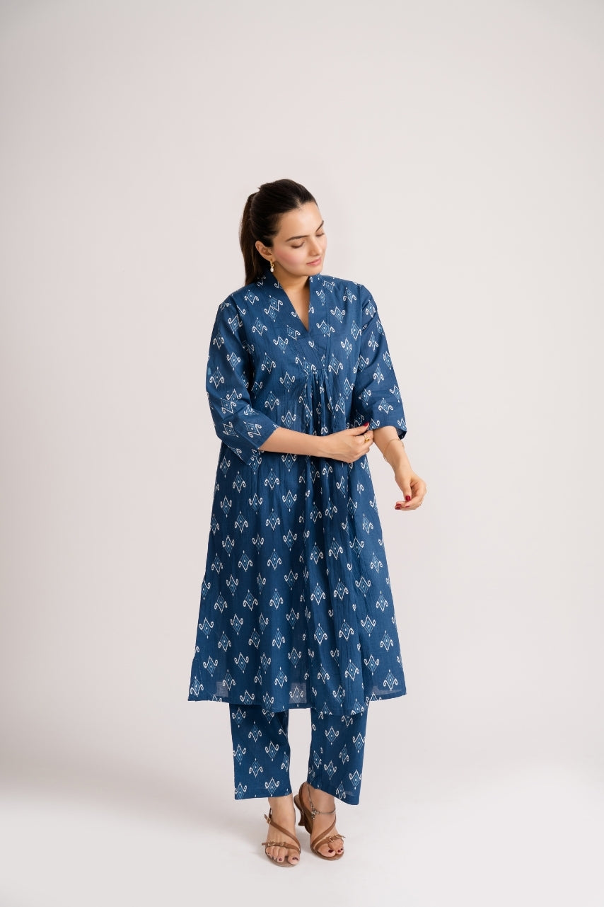 Indigo blue ikat diamond print cotton coord set full front view – Ekisha
