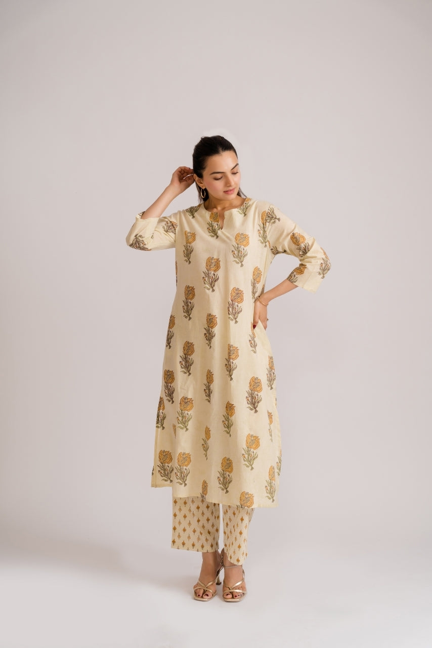 Cream and mustard floral buta block print cotton co-ord set – Ekisha ethnic wear