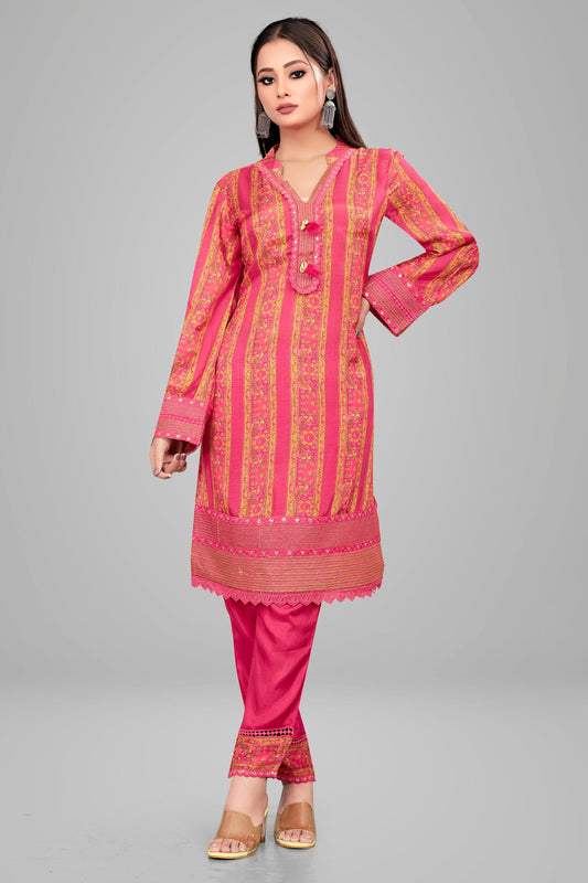 Ekisha's women printed pink muslin kurta and pant set - Ekisha