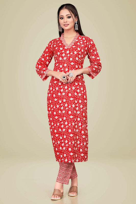 Ekisha's women printed red cotton kurta and pant set - Ekisha