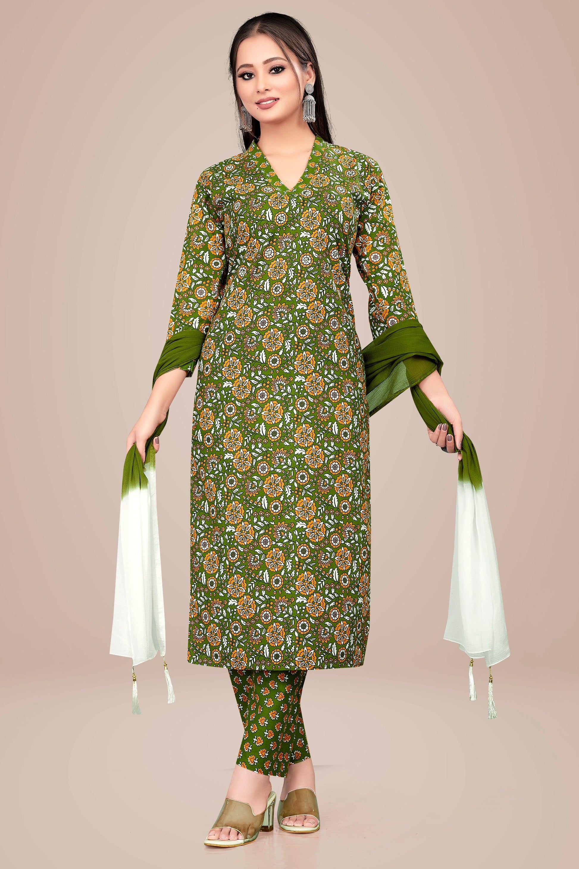 Ekisha's women printed green floral cotton kurta and pant set with dupatta - Ekisha