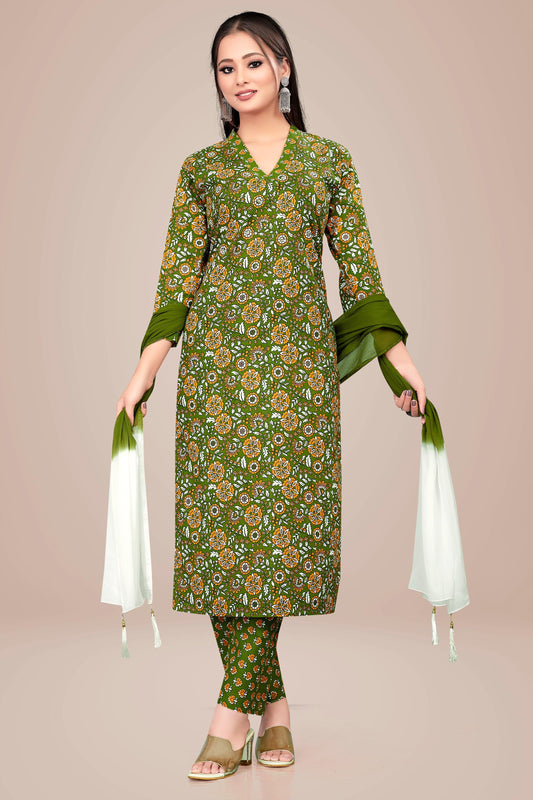 Ekisha's women printed green floral cotton kurta and pant set with dupatta - Ekisha