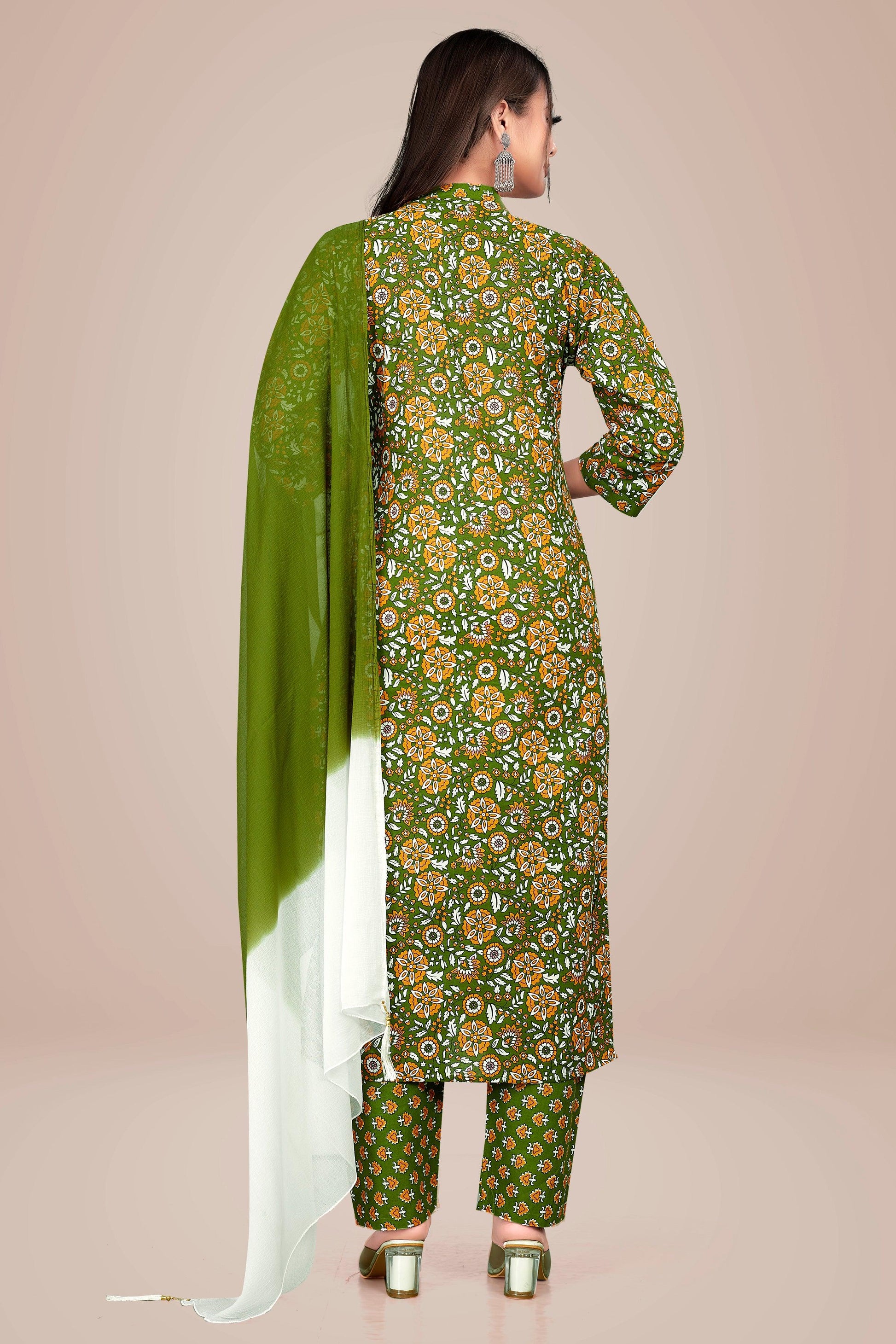 Ekisha's women printed green floral cotton kurta and pant set with dupatta - Ekisha