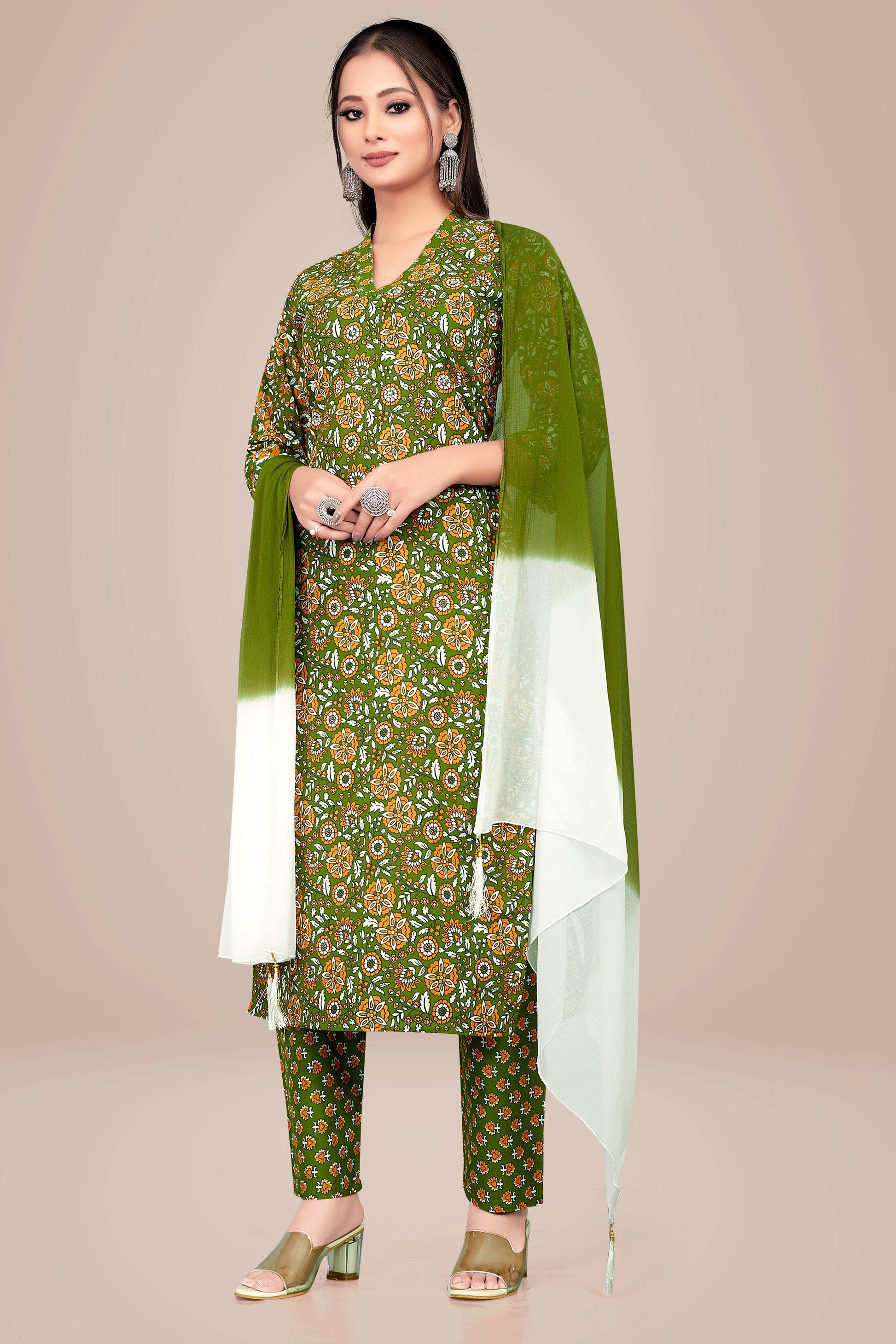Ekisha's women printed green floral cotton kurta and pant set with dupatta - Ekisha