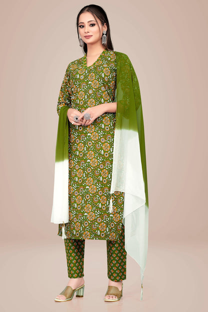 Ekisha's women printed green floral cotton kurta and pant set with dupatta - Ekisha