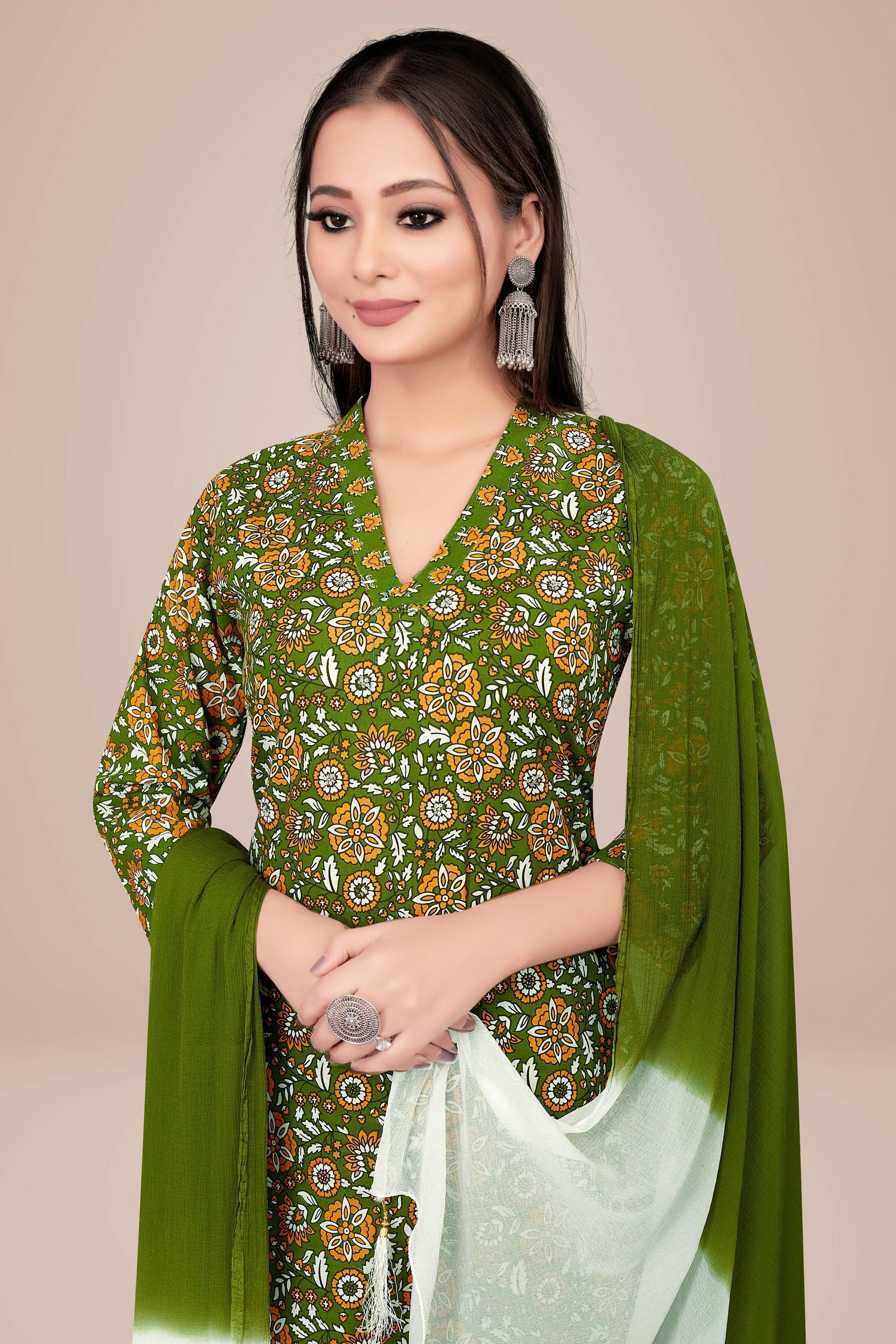 Ekisha's women printed green floral cotton kurta and pant set with dupatta - Ekisha