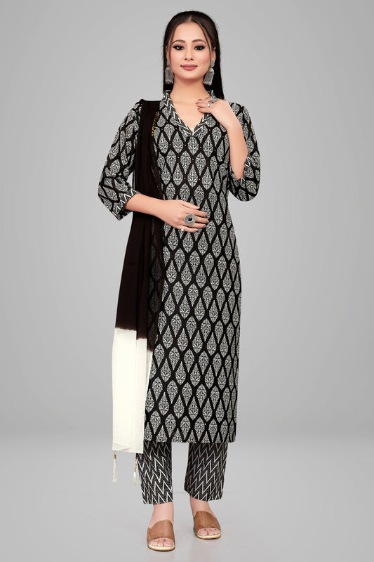 Ekisha's women printed black cotton kurta and pant set with dupatta - Ekisha
