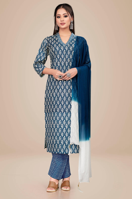 Ekisha's women printed firozi cotton kurta and pant set with dupatta - Ekisha