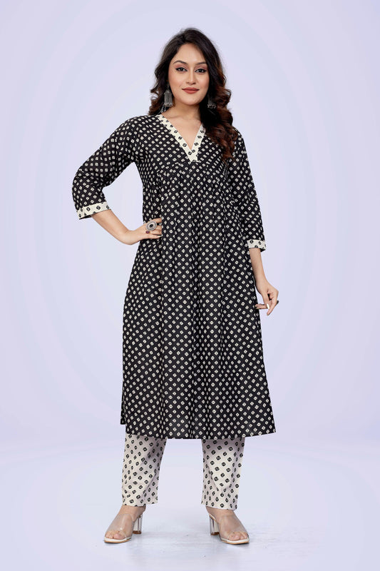 Ekisha's women printed black white cotton kurta and pant set - Ekisha