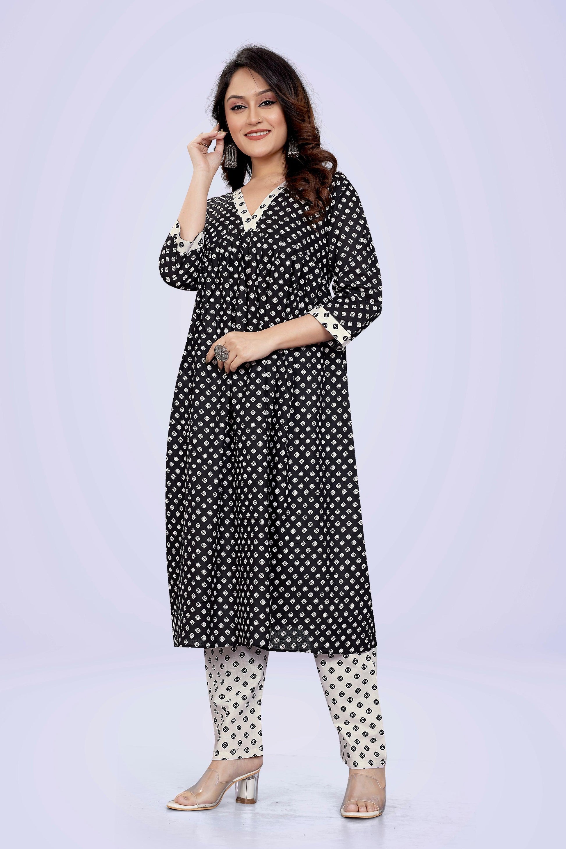 Ekisha's women printed black white cotton kurta and pant set - Ekisha