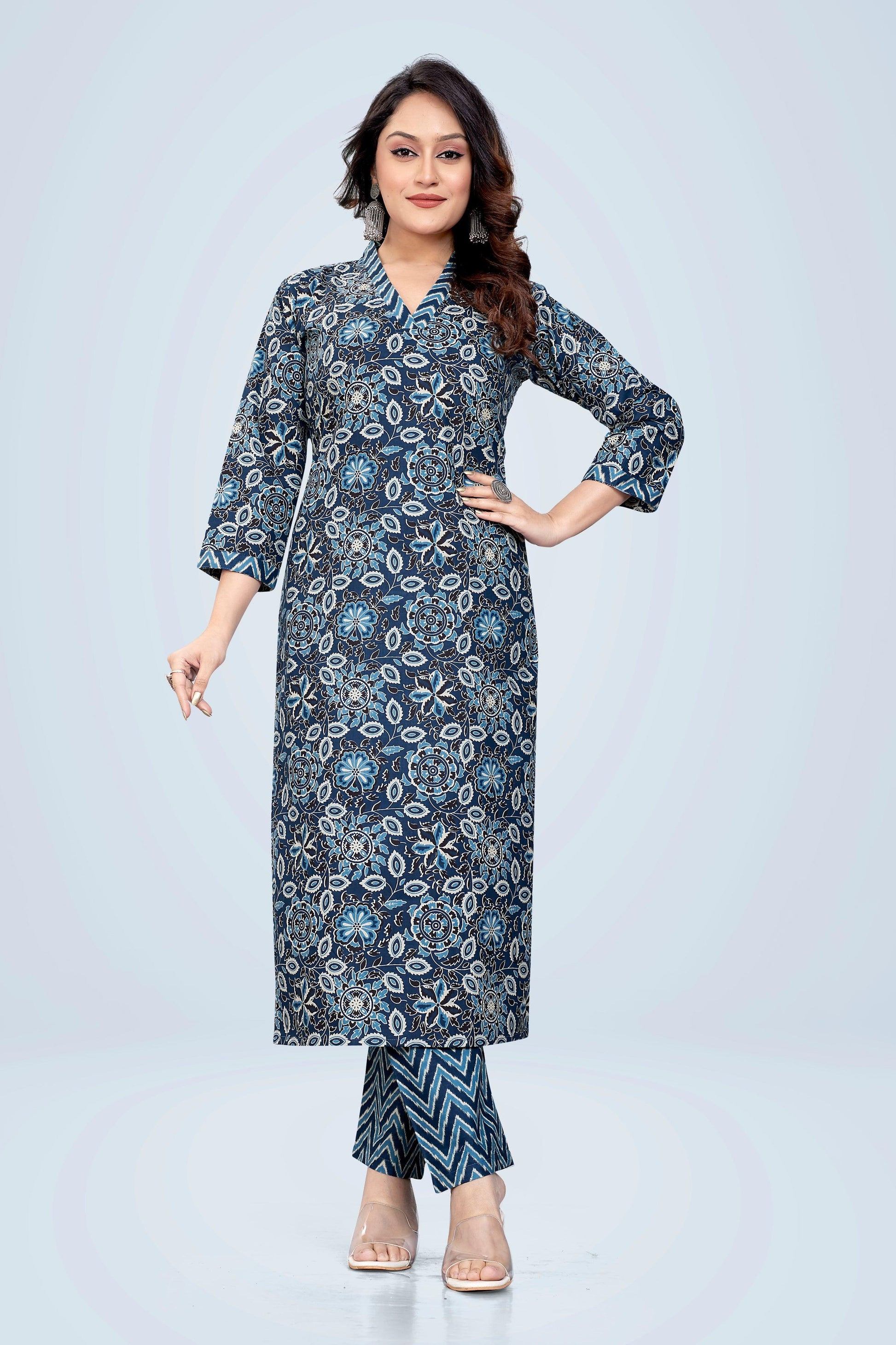 Ekisha's women printed navy floral cotton kurta and pant set - Ekisha
