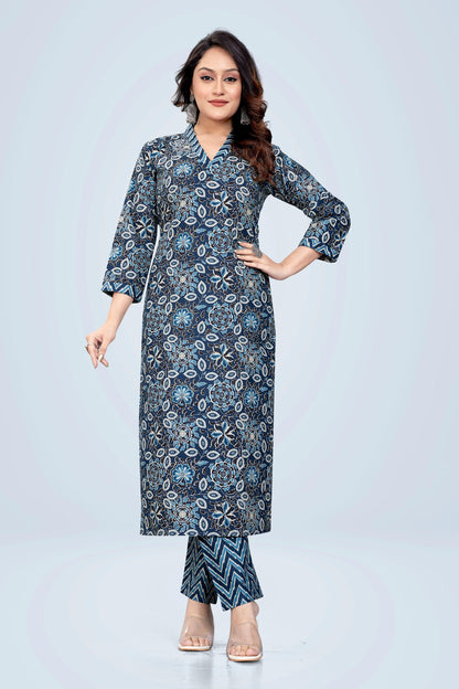 Ekisha's women printed navy floral cotton kurta and pant set - Ekisha