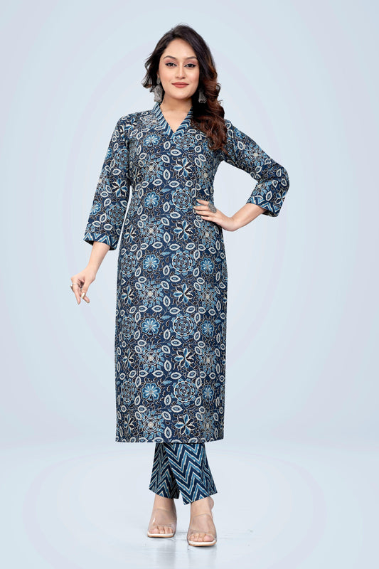 Ekisha's women printed navy floral cotton kurta and pant set - Ekisha