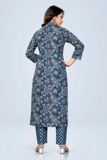 Ekisha's women printed navy floral cotton kurta and pant set - Ekisha