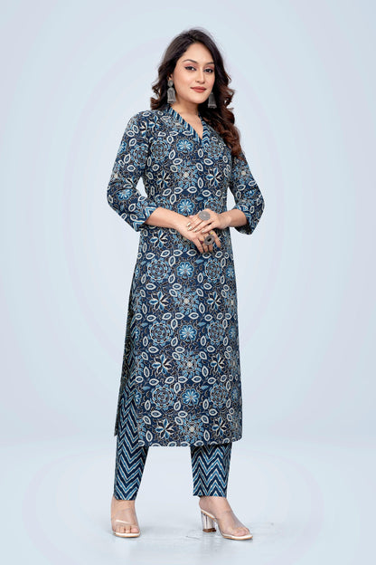 Ekisha's women printed navy floral cotton kurta and pant set - Ekisha
