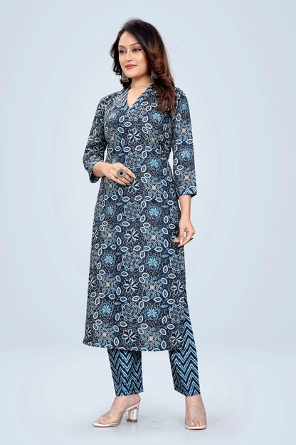 Ekisha's women printed navy floral cotton kurta and pant set - Ekisha