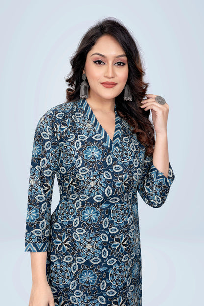 Ekisha's women printed navy floral cotton kurta and pant set - Ekisha
