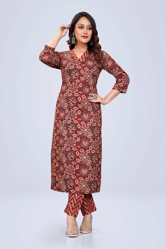 Ekisha's women printed red floral cotton kurta and pant set - Ekisha