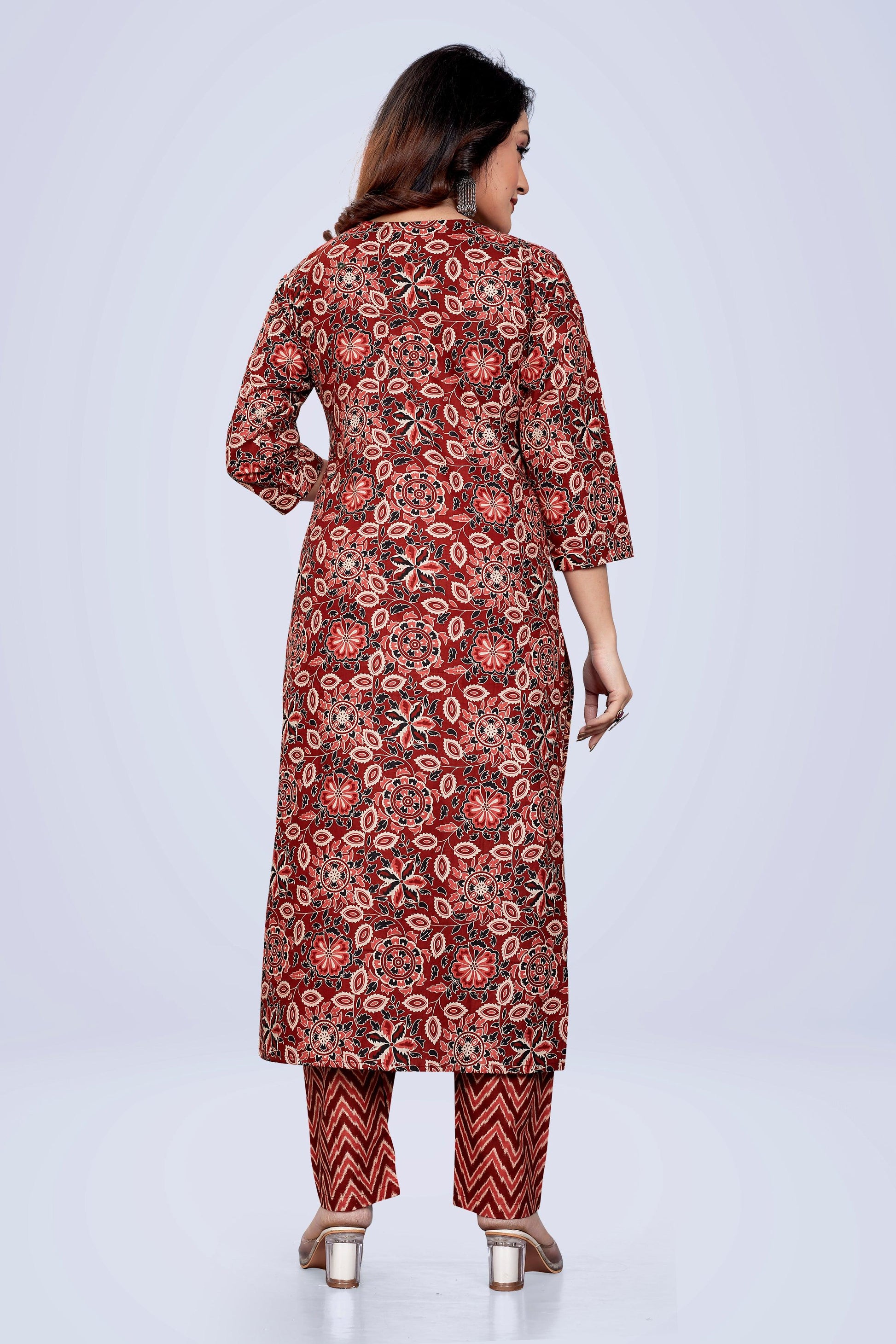 Ekisha's women printed red floral cotton kurta and pant set - Ekisha