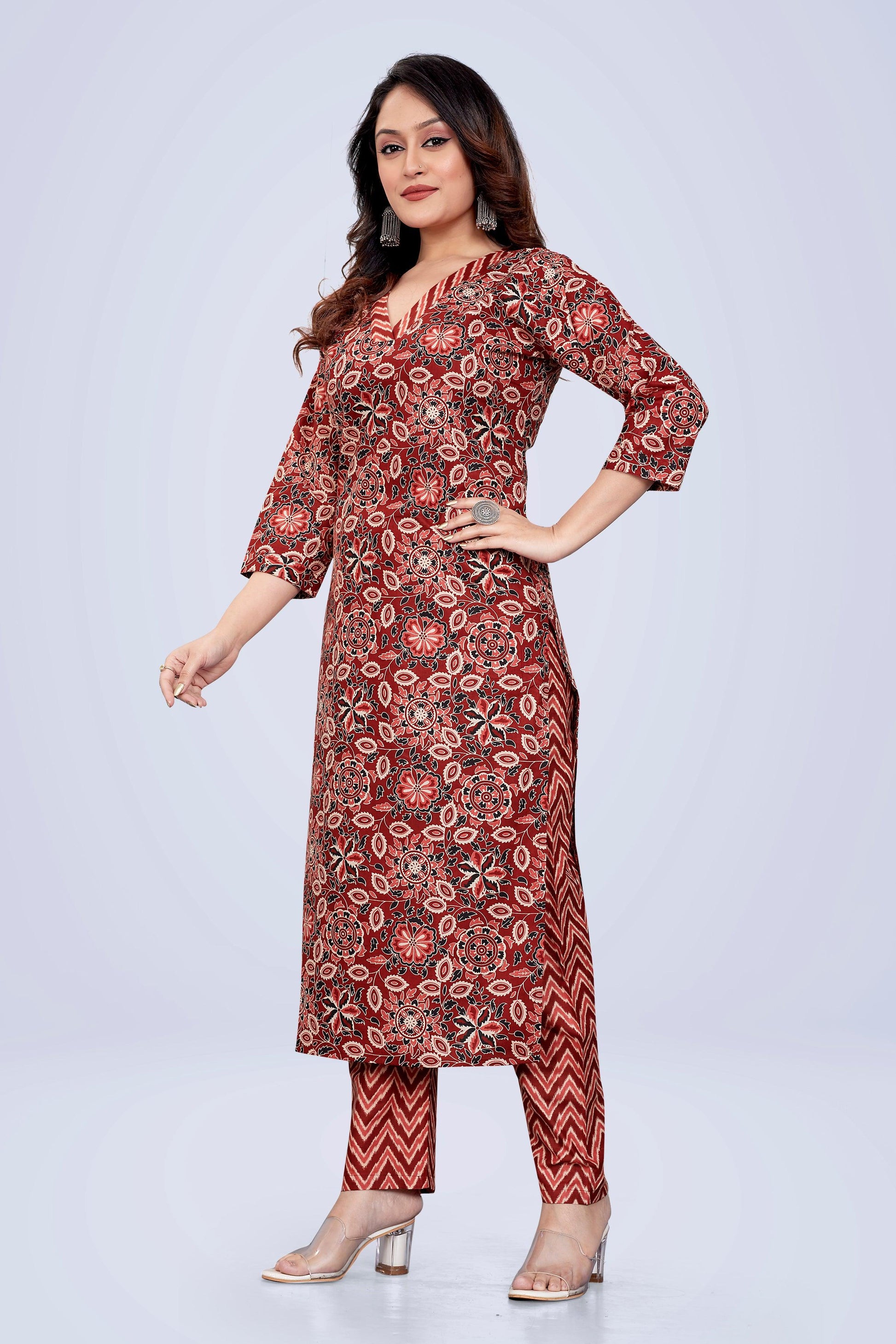 Ekisha's women printed red floral cotton kurta and pant set - Ekisha