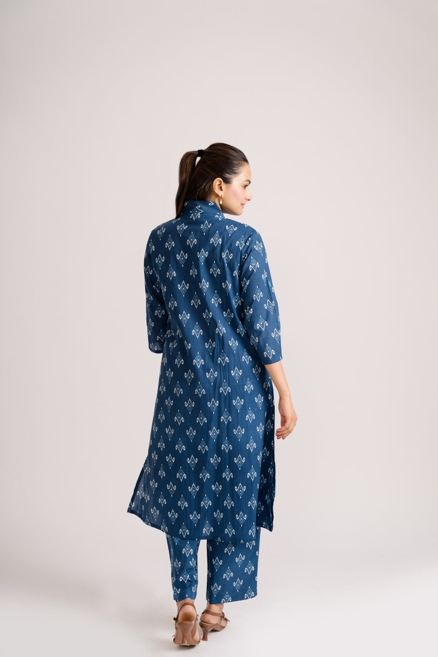 Matching indigo ikat print straight pants with A-line kurti – Ekisha coord set