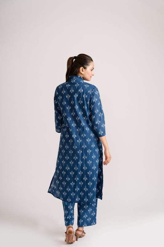 Matching indigo ikat print straight pants with A-line kurti – Ekisha coord set