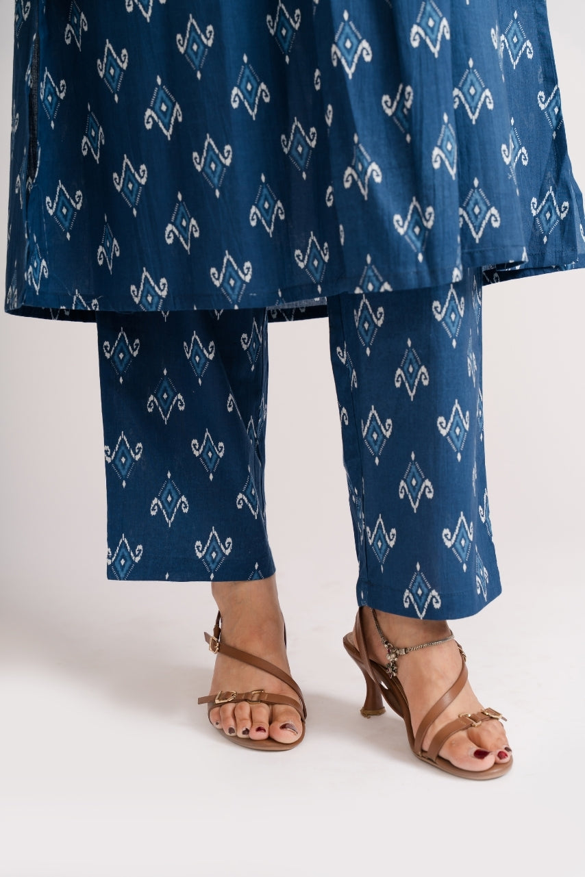 3/4 sleeve indigo ikat A-line kurti with matching straight pant coord set – Ekisha