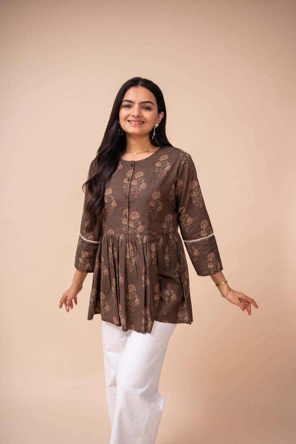 Ekisha's women brown floral printed cotton tunic top short kurti - Ekisha