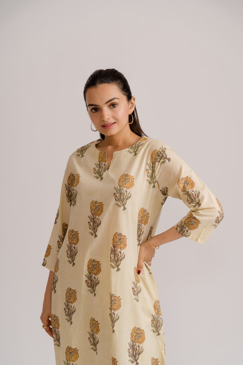 3/4 sleeve cream cotton A-line kurti with mustard floral buta block print – Ekisha coord set